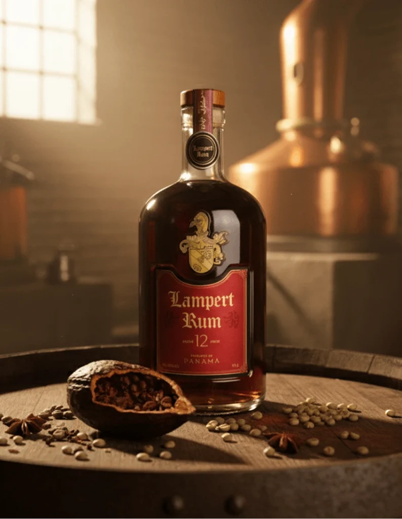 A close-up of a bottle of Lampert Rum 12, displayed on a wooden barrel with cocoa pods, spices, and rum ingredients scattered around. The rum bottle has a red label and is set against a warm, rustic backdrop with soft lighting.